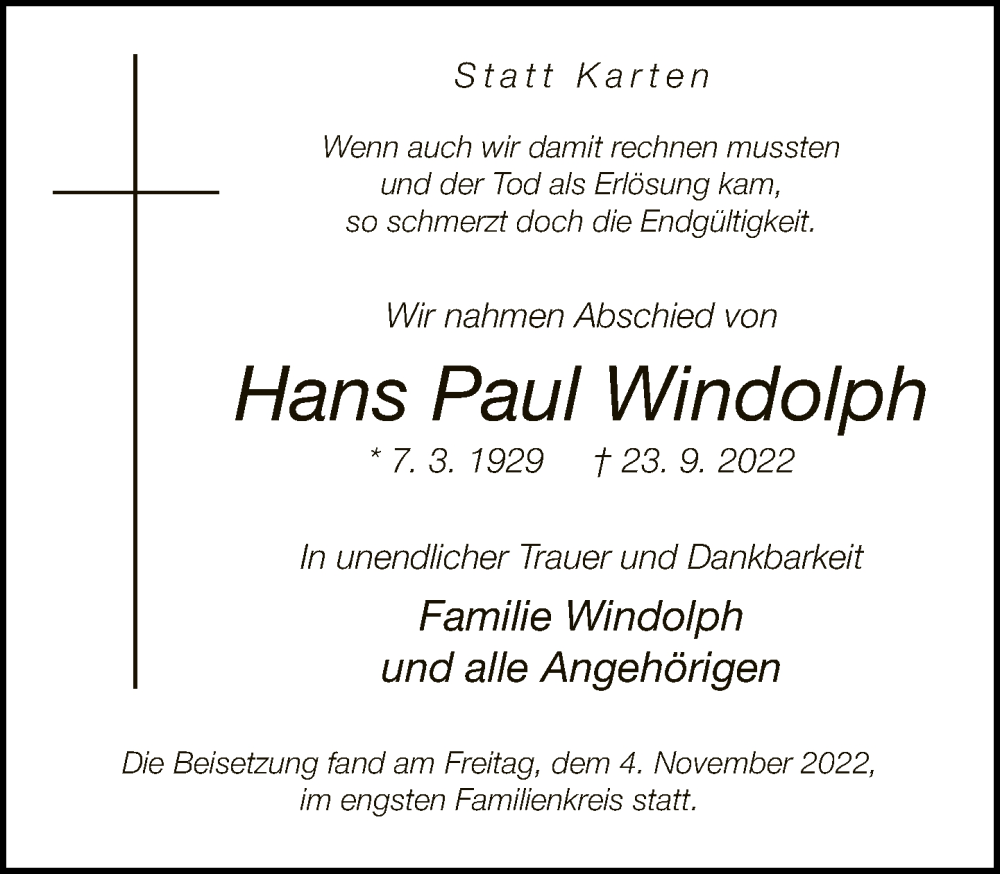  Traueranzeige für Hans Paul Windolph vom 05.11.2022 aus Neue Westfälische