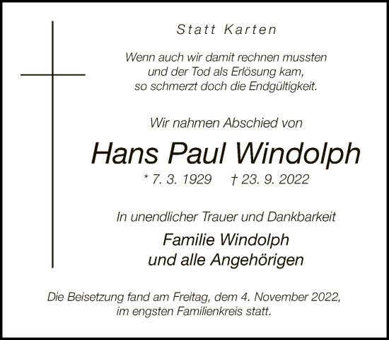 Traueranzeige von Hans Paul Windolph von Neue Westfälische