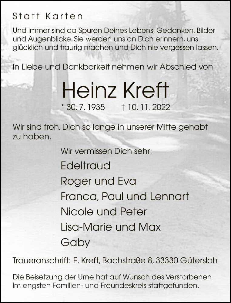  Traueranzeige für Heinz Kreft vom 23.11.2022 aus Neue Westfälische