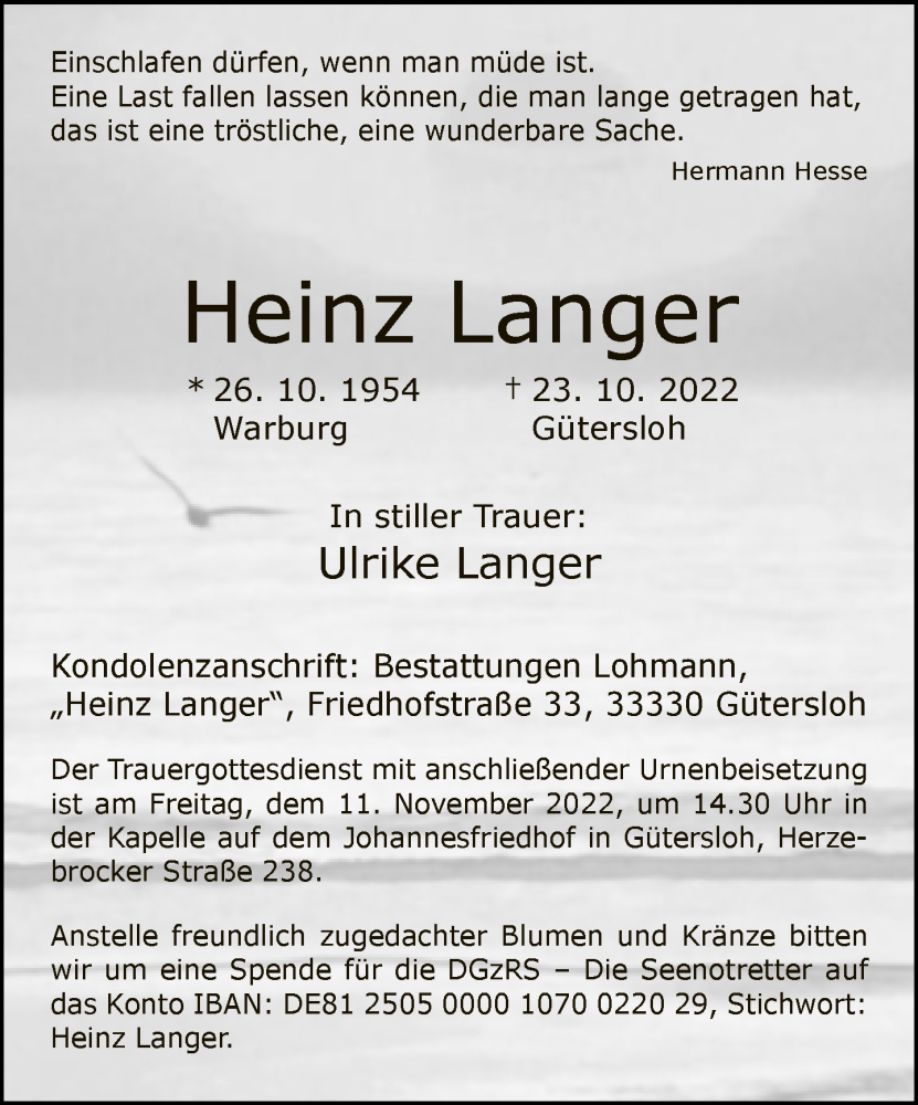  Traueranzeige für Heinz Langer vom 03.11.2022 aus Neue Westfälische