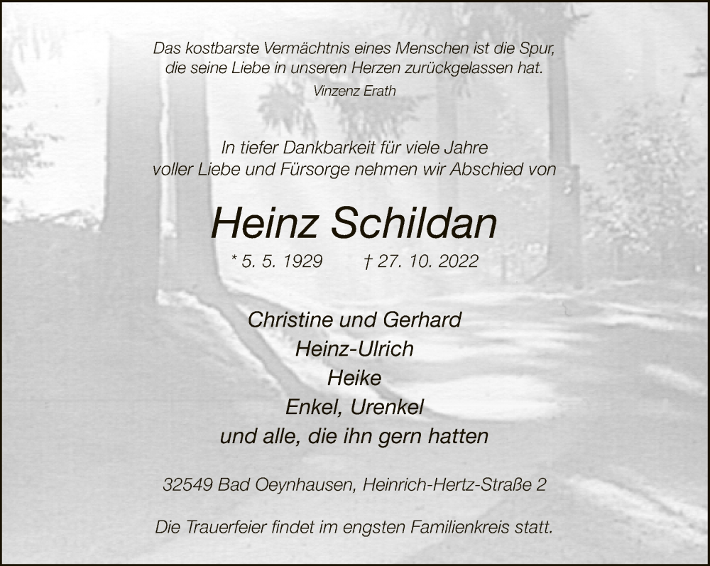  Traueranzeige für Heinz Schildan vom 05.11.2022 aus Neue Westfälische
