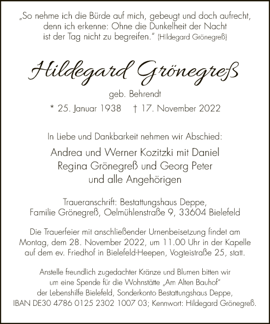 Traueranzeige von Hildegard Grönegreß von Neue Westfälische