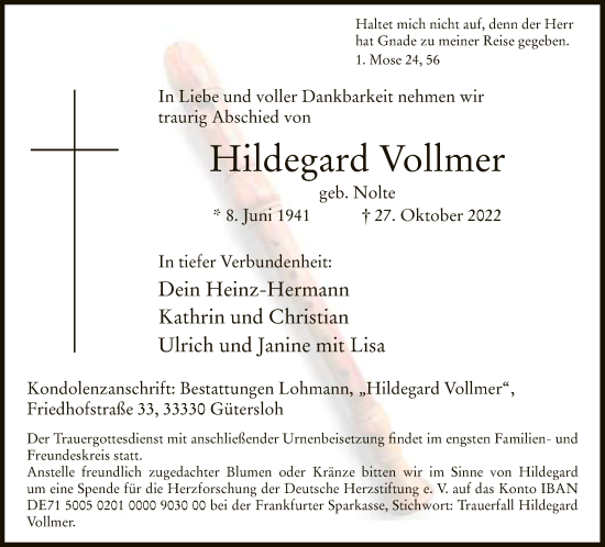 Traueranzeige von Hildegard Vollmer von Neue Westfälische
