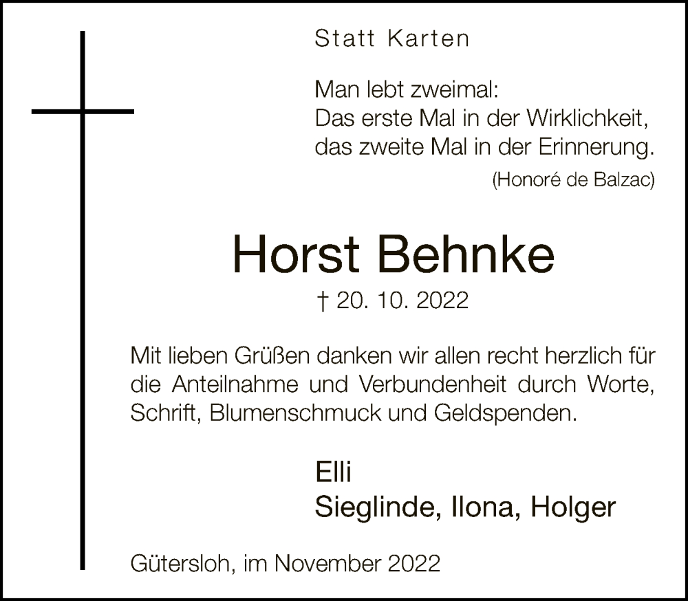  Traueranzeige für Horst Behnke vom 26.11.2022 aus Neue Westfälische