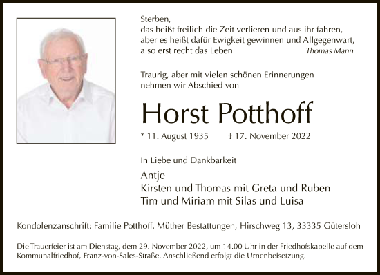 Traueranzeige von Horst Potthoff von Neue Westfälische
