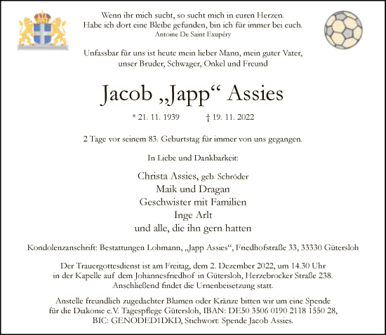Traueranzeige von Jacob Assies von Neue Westfälische