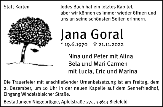 Traueranzeige von Jana Goral von Neue Westfälische
