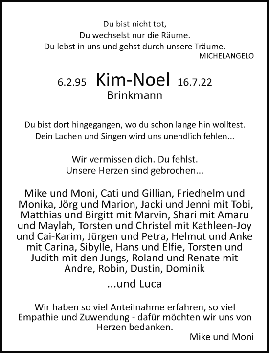 Traueranzeige von Kim-Noel Brinkmann von Neue Westfälische