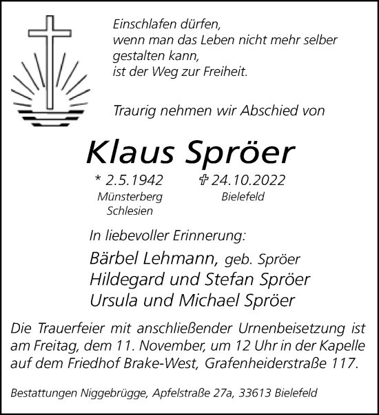 Traueranzeige von Klaus Spröer von Neue Westfälische
