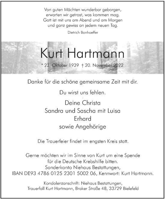 Traueranzeige von Kurt Hartmann von Neue Westfälische