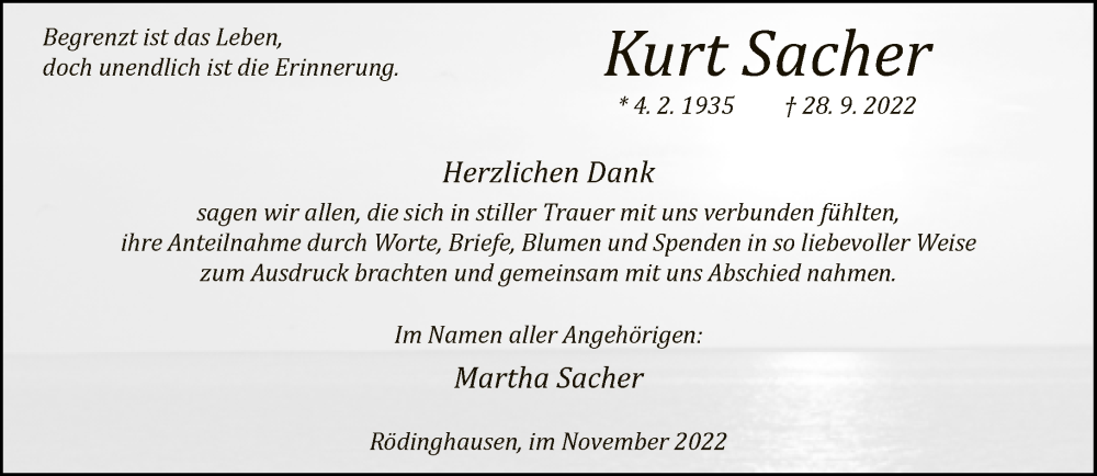  Traueranzeige für Kurt Sacher vom 19.11.2022 aus Neue Westfälische