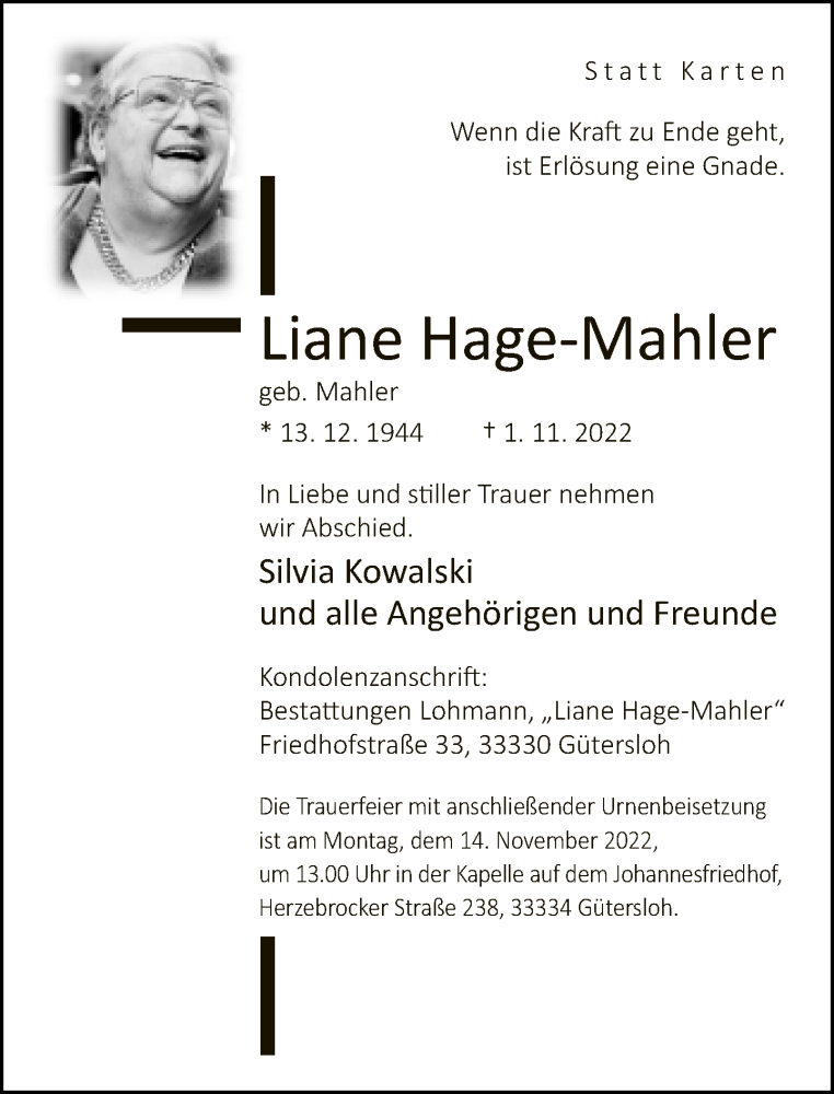  Traueranzeige für Liane Hage-Mahler vom 09.11.2022 aus Neue Westfälische
