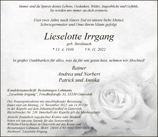 Traueranzeige von Lieselotte Irrgang von Neue Westfälische