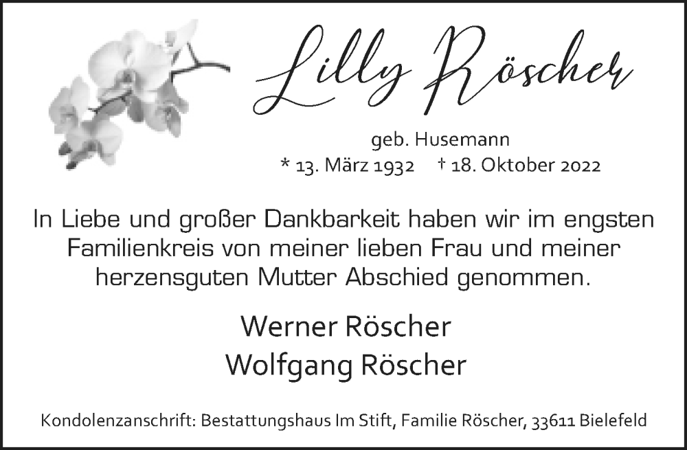  Traueranzeige für Lilly Röscher vom 19.11.2022 aus Neue Westfälische