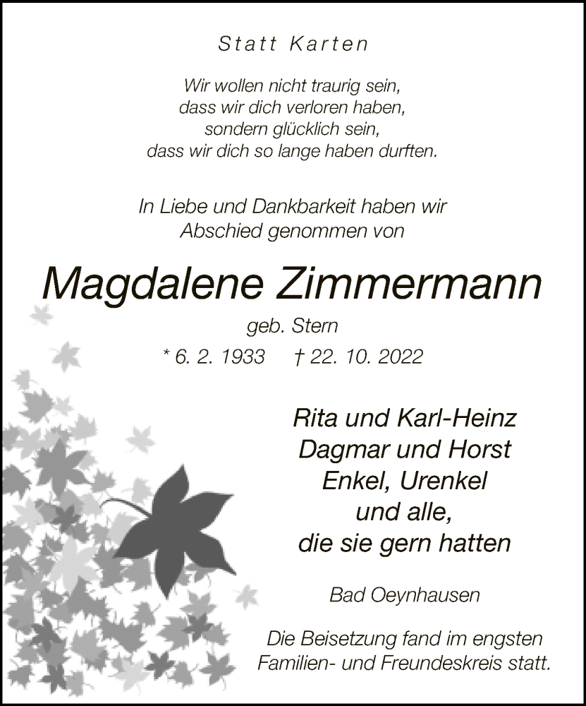  Traueranzeige für Magdalene Zimmermann vom 05.11.2022 aus Neue Westfälische