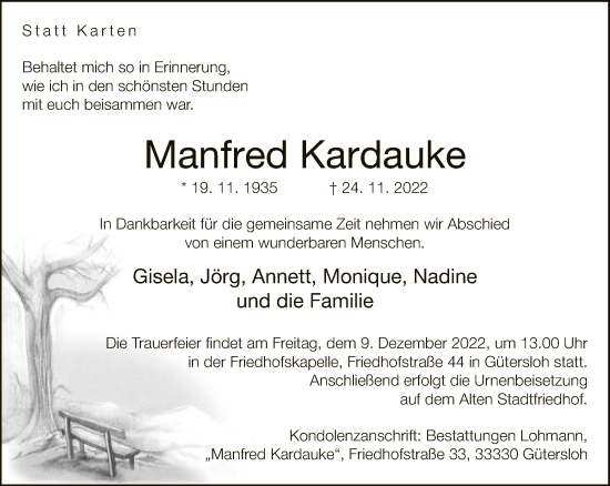 Traueranzeige von Manfred Kardauke von Neue Westfälische