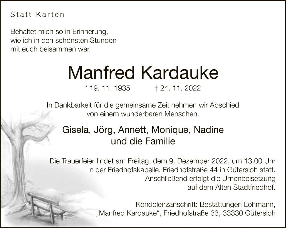  Traueranzeige für Manfred Kardauke vom 30.11.2022 aus Neue Westfälische