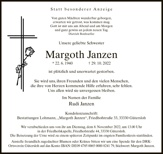 Traueranzeige von Margoth Janzen von Neue Westfälische