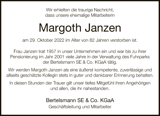 Traueranzeige von Margoth Janzen von Neue Westfälische