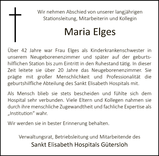 Traueranzeige von Maria Elges von Neue Westfälische