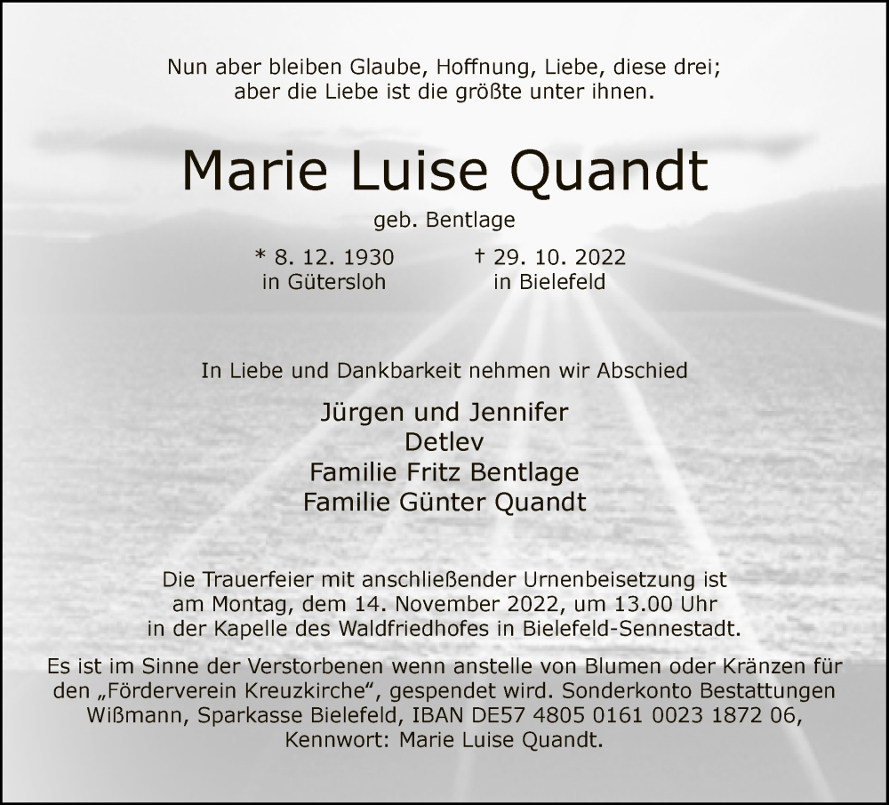  Traueranzeige für Marie Luise Quandt vom 05.11.2022 aus Neue Westfälische