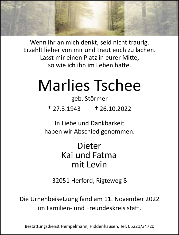  Traueranzeige für Marlies Tschee vom 12.11.2022 aus Neue Westfälische