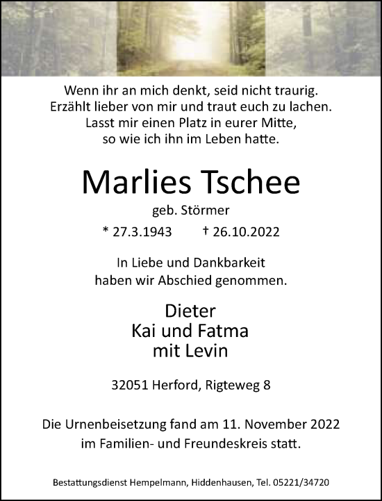 Traueranzeige von Marlies Tschee von Neue Westfälische
