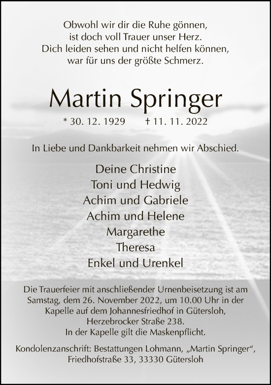 Traueranzeige von Martin Springer von Neue Westfälische