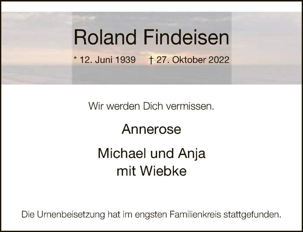  Traueranzeige für Roland Findeisen vom 12.11.2022 aus Neue Westfälische