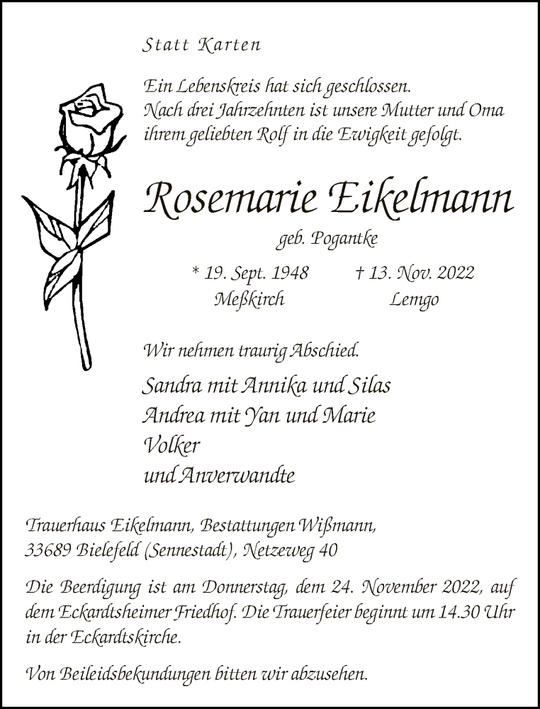  Traueranzeige für Rosemarie Eikelmann vom 19.11.2022 aus Neue Westfälische