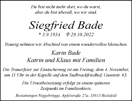 Traueranzeige von Siegfried Bade von Neue Westfälische