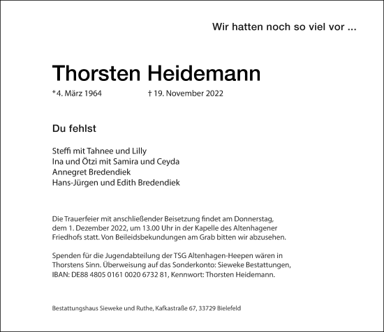 Traueranzeige von Thorsten Heidemann von Neue Westfälische