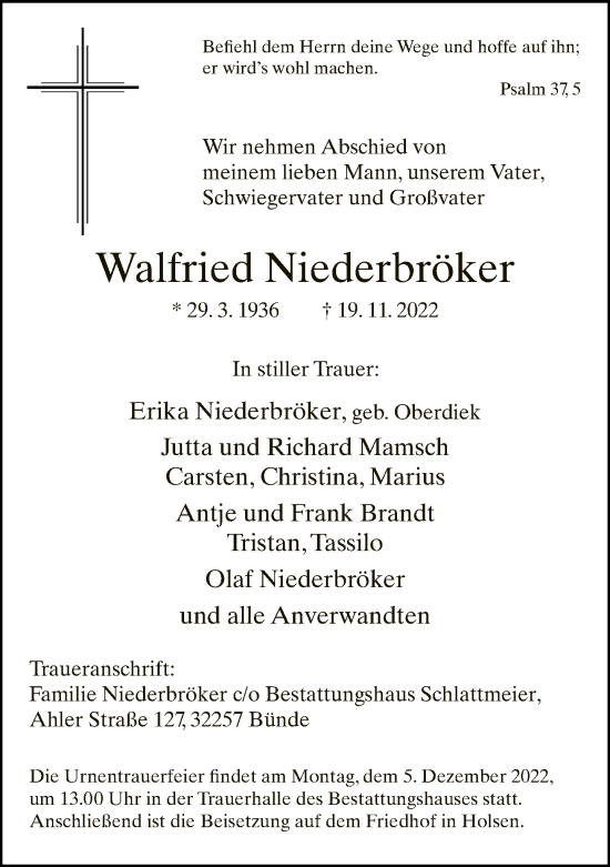 Traueranzeige von Walfried Niederbröker von Neue Westfälische