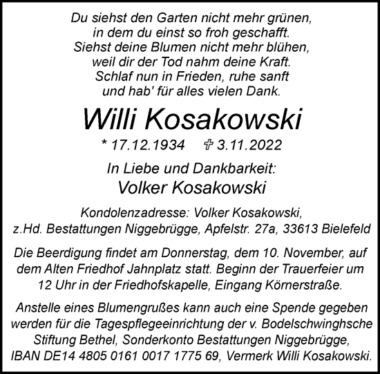 Traueranzeige von Willi Kosakowski von Neue Westfälische
