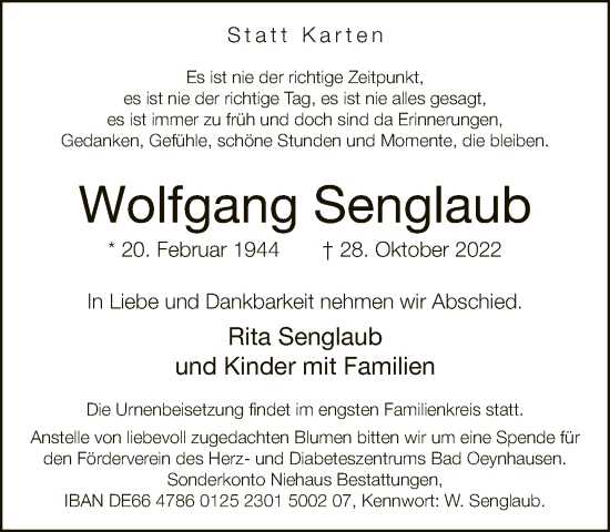 Traueranzeige von Wolfgang Senglaub von Neue Westfälische