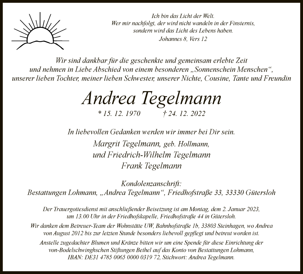  Traueranzeige für Andrea Tegelmann vom 29.12.2022 aus Neue Westfälische
