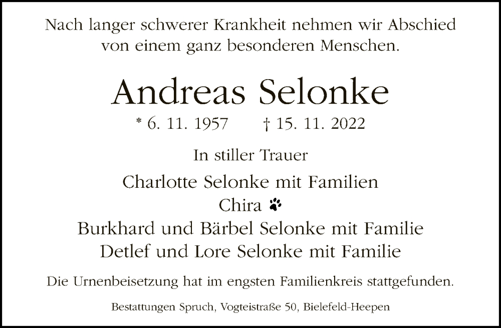  Traueranzeige für Andreas Selonke vom 03.12.2022 aus Neue Westfälische