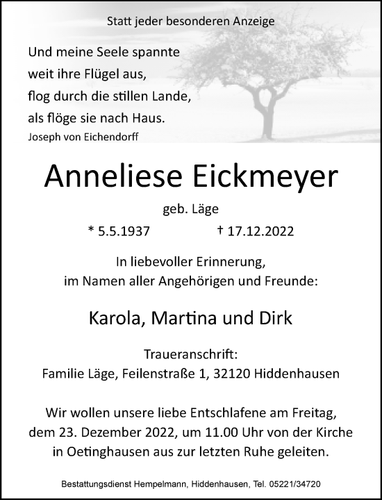 Traueranzeige von Anneliese Eickmeyer von Neue Westfälische
