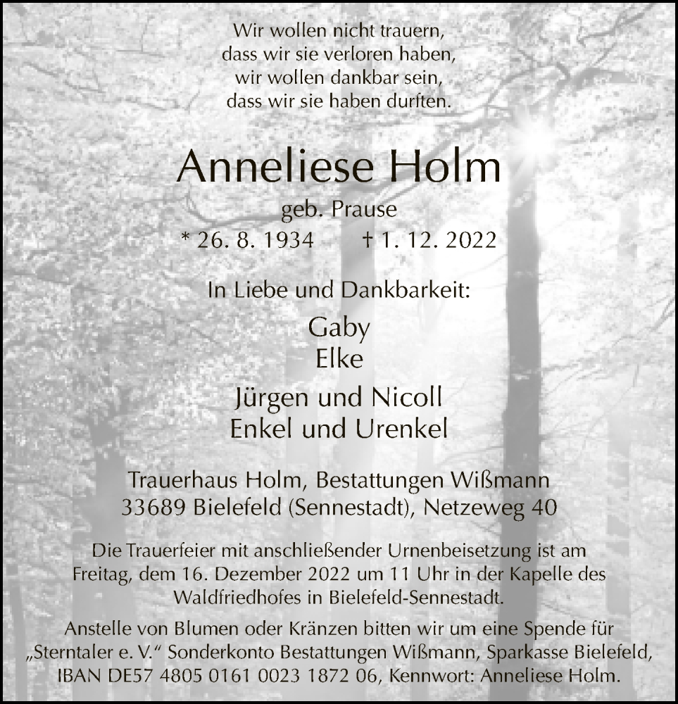  Traueranzeige für Anneliese Holm vom 10.12.2022 aus Neue Westfälische