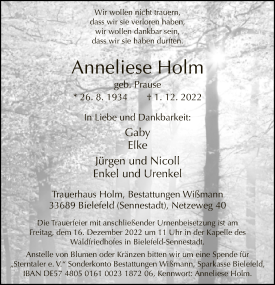 Traueranzeige von Anneliese Holm von Neue Westfälische