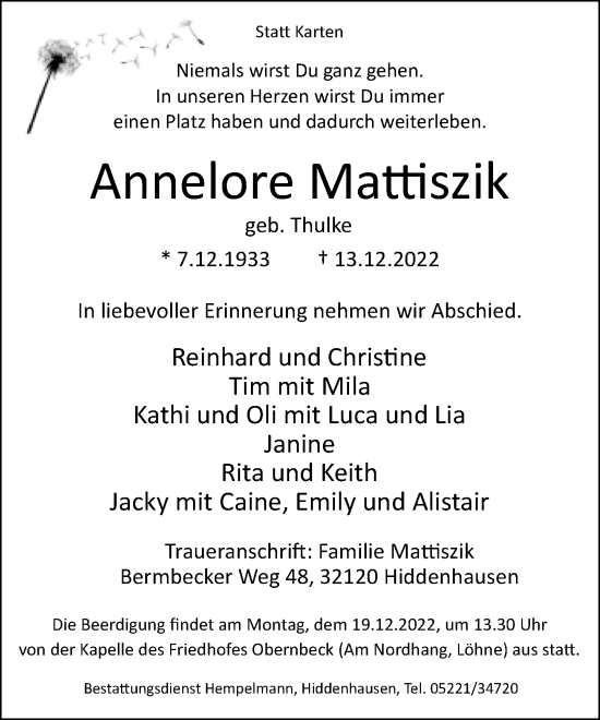 Traueranzeige von Annelore Mattiszik von Neue Westfälische