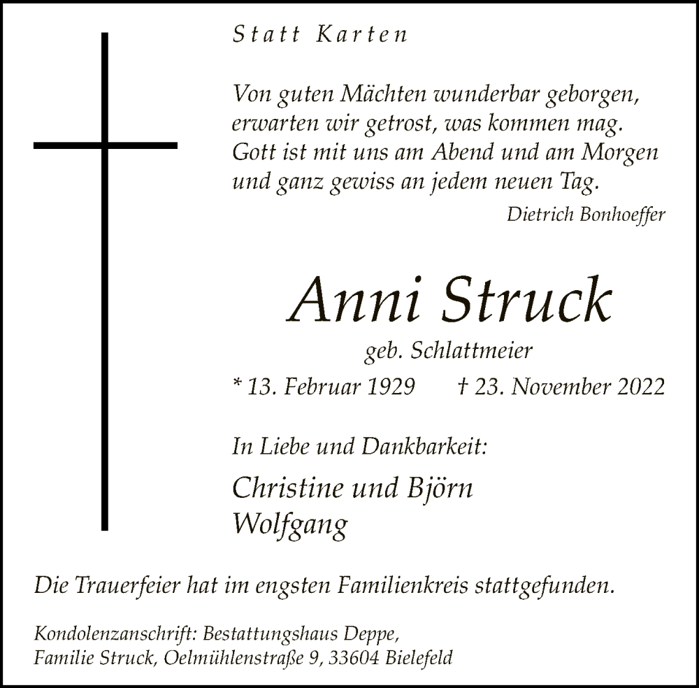  Traueranzeige für Anni Struck vom 03.12.2022 aus Neue Westfälische