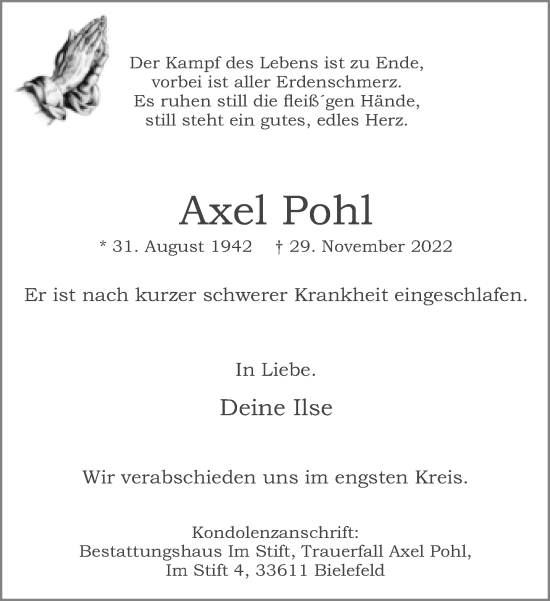 Traueranzeige von Axel Pohl von Neue Westfälische
