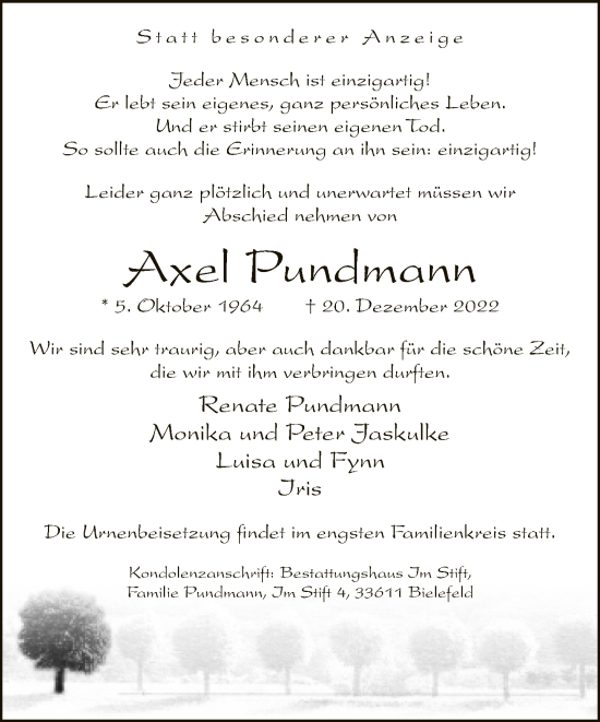 Traueranzeige von Axel Pundmann von Neue Westfälische