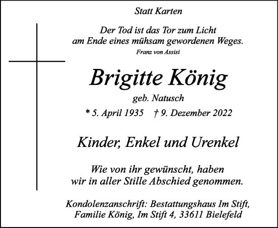 Traueranzeige von Brigitte König von Neue Westfälische