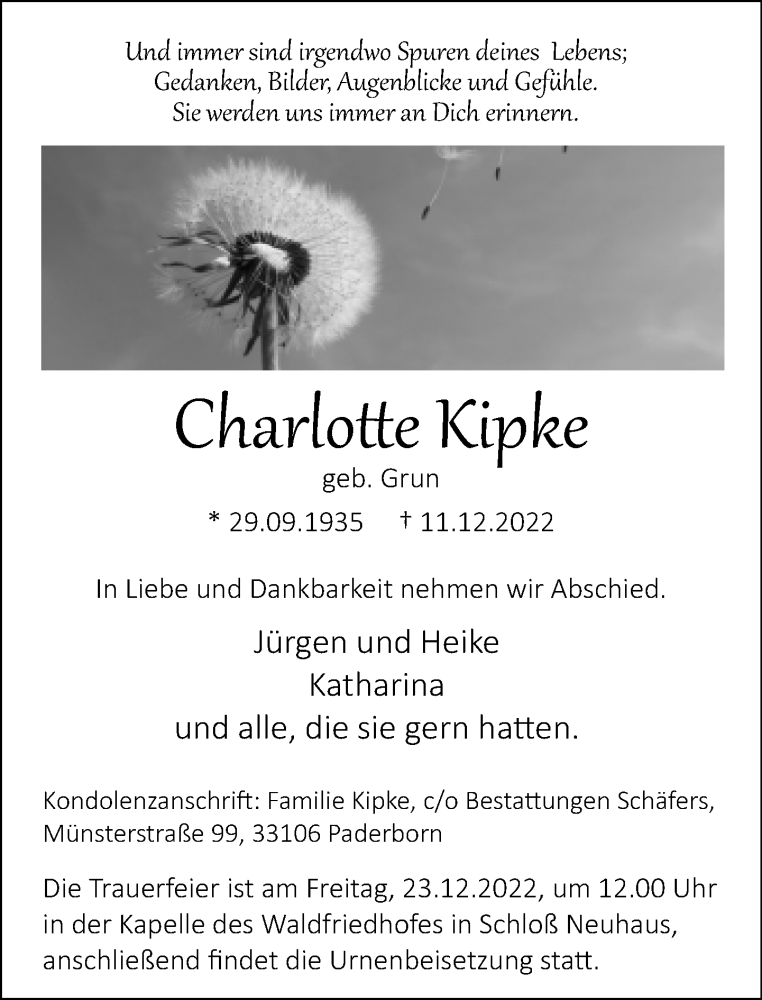  Traueranzeige für Charlotte Kipke vom 17.12.2022 aus Neue Westfälische