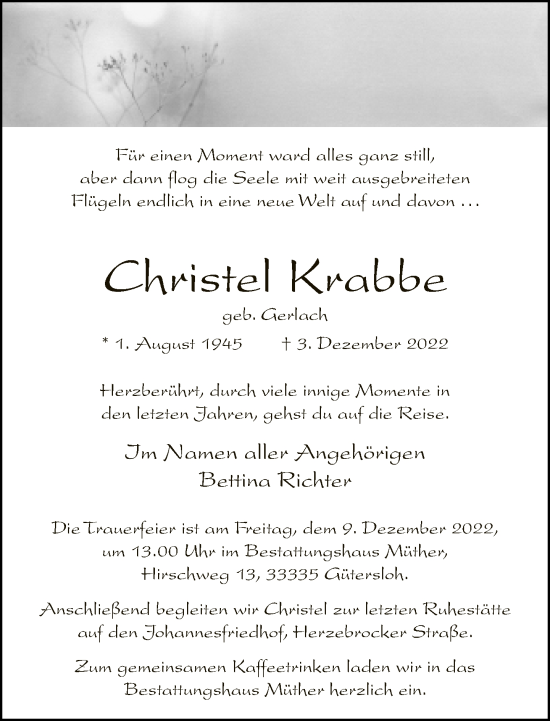 Traueranzeige von Christel Krabbe von Neue Westfälische