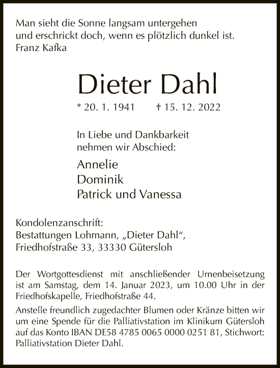 Traueranzeige von Dieter Dahl von Neue Westfälische