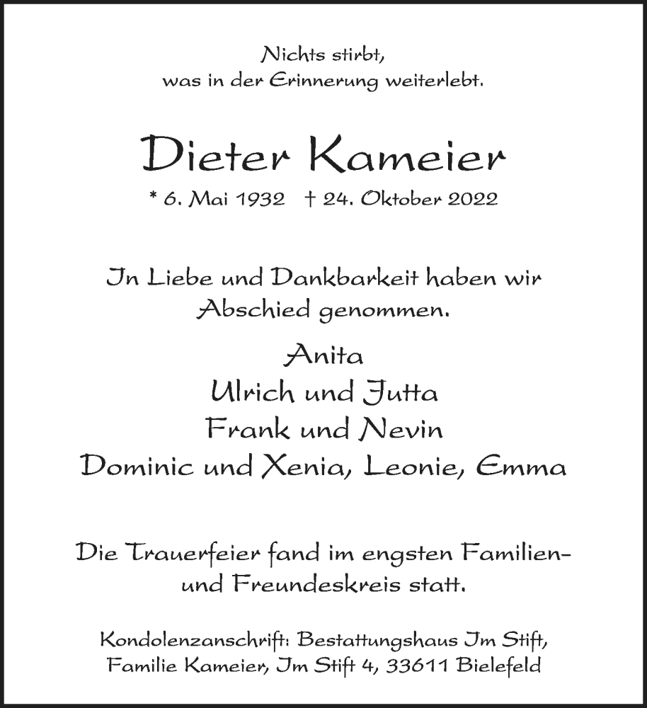  Traueranzeige für Dieter Kameier vom 03.12.2022 aus Neue Westfälische