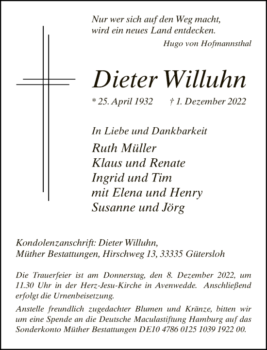 Traueranzeige von Dieter Willuhn von Neue Westfälische